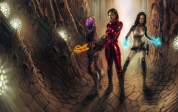 3d обои Три вооруженные девушки в странного вида пещере  милитари