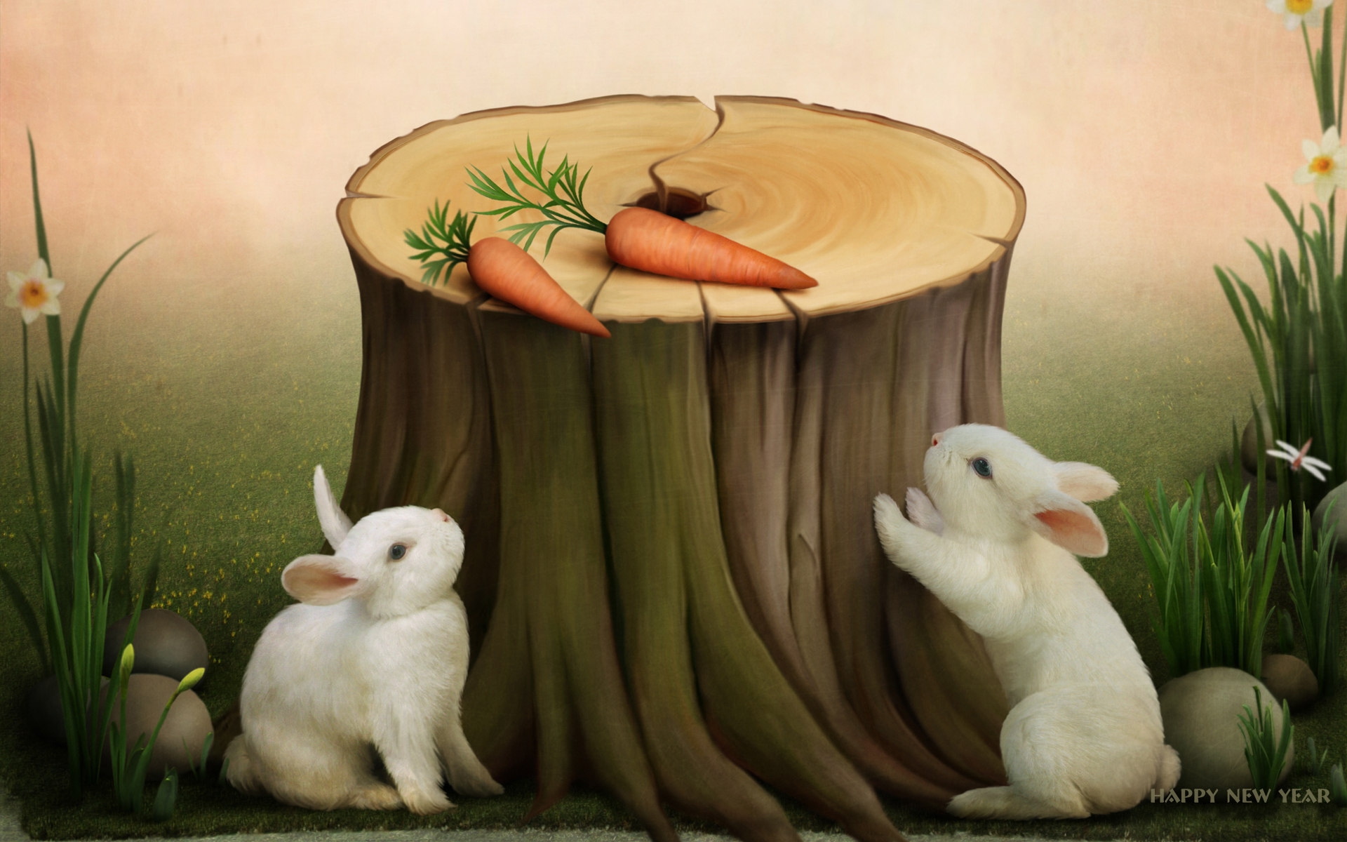3d обои Два маленьких кролика хотят достать морковь лежащую на пеньке (happy new year)  насекомые # 59963