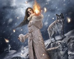 3d обои Магия огня. Девушка стоит посреди стаи волков, которые завороженно смотрят на светящийся в её руках огненный шар.  фэнтези