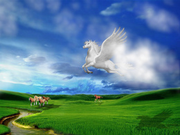 3d обои Пегас в небе над зелёным лугом  лошади
