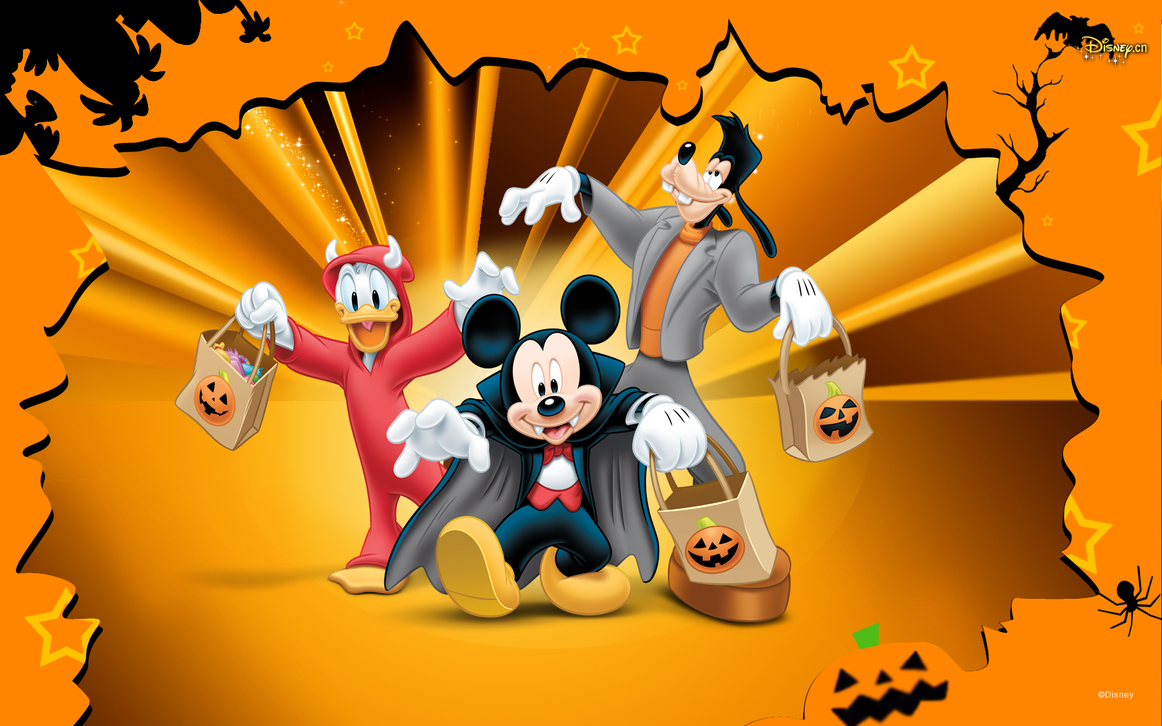 3d обои Диснеевские герои Гуфи, Микки и МакДак нарядились для хеллоуина и идут собирать по домам сладости (Disney)  насекомые # 59962
