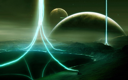 3d обои На неизвестной планете энергетические всполохи и улетающие корабли  космос