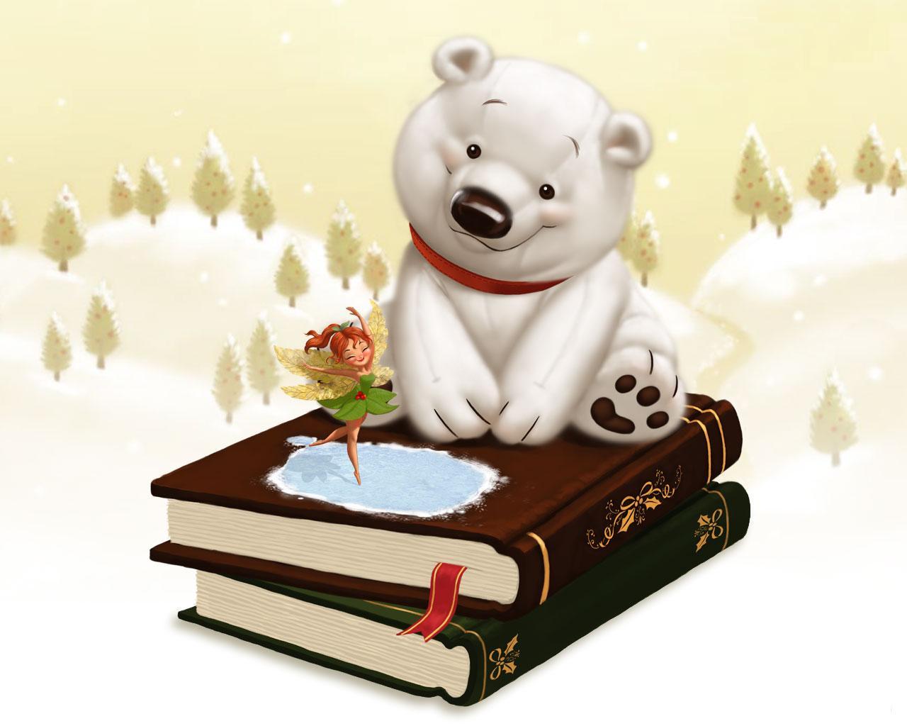 3d обои Фея выпорхнула из книги сказок и танцует перед белым медвежонком  зима # 40949
