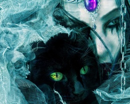 3d обои Ведьма с чёрным котом, в глазах которого мерцают черепа  ретушь