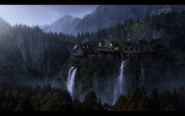 3d обои Красивый замок высоко в горах, под ним из скалы пробиваются водопады  фэнтези