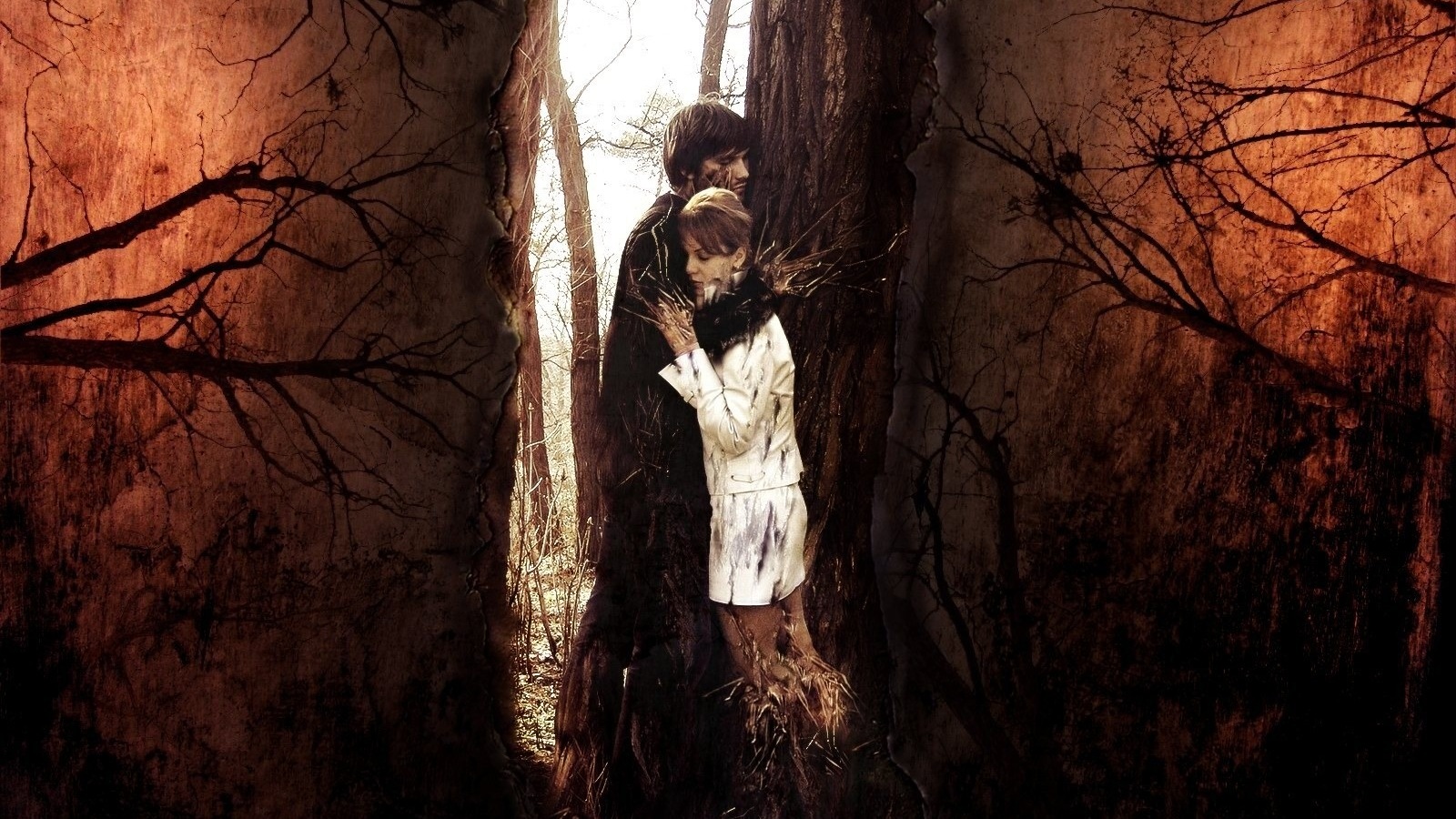3d обои Парень и девушка обнимаются приросли к дереву  сюрреализм # 82259