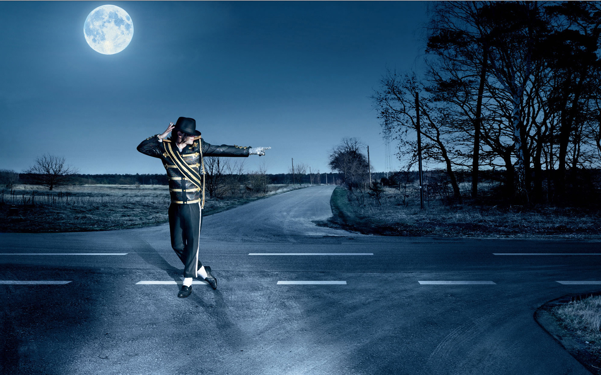3d обои Майкл Джексон танцует ночью в полнолуние на перекрёстке  луна # 51527
