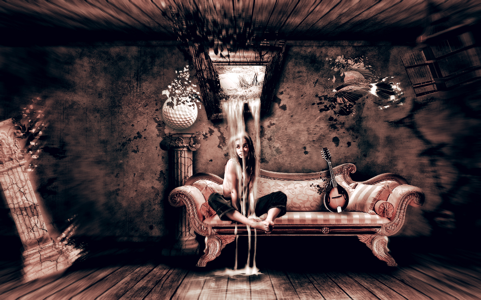 3d обои Девушка сидит на диванчике в комнате со странным интерьером, из картины на стене на неё сыпется песок времён  сюрреализм # 82256