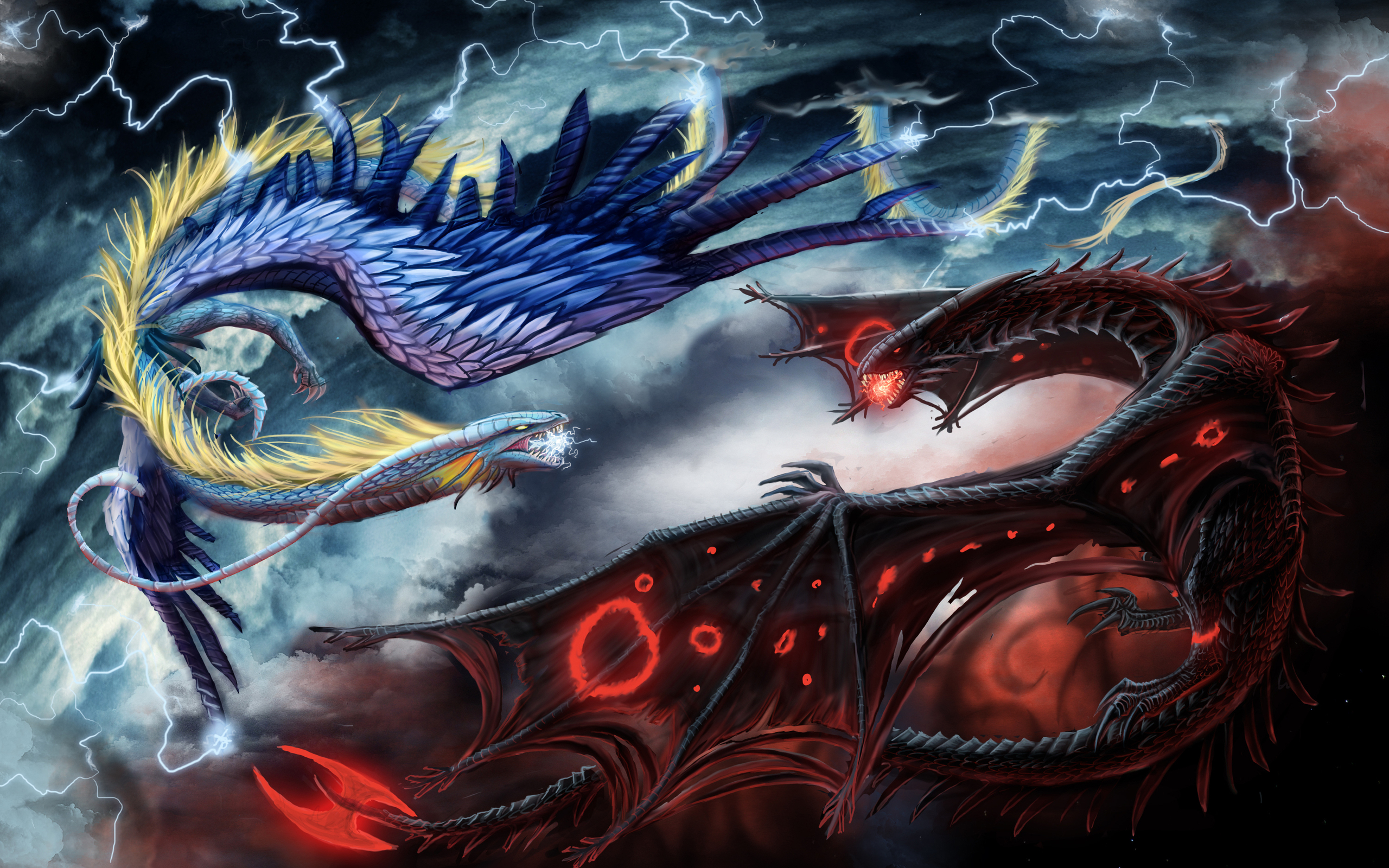 3d обои Битва синего и красного драконов  драконы # 35954