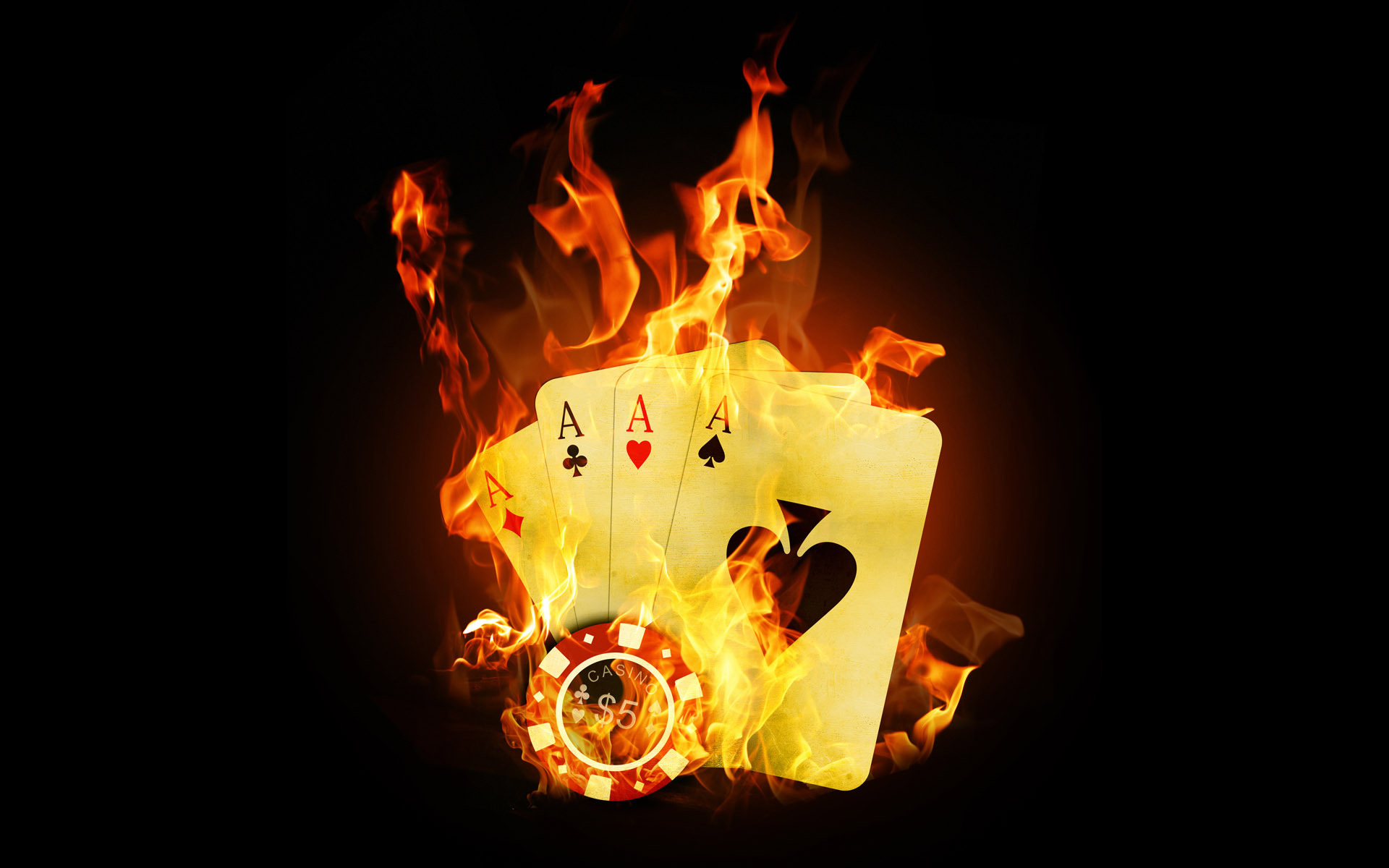3d обои Четыре туза, покерная комбинация, фишка на 5 баксов, всё объято пламенем  игры # 41718