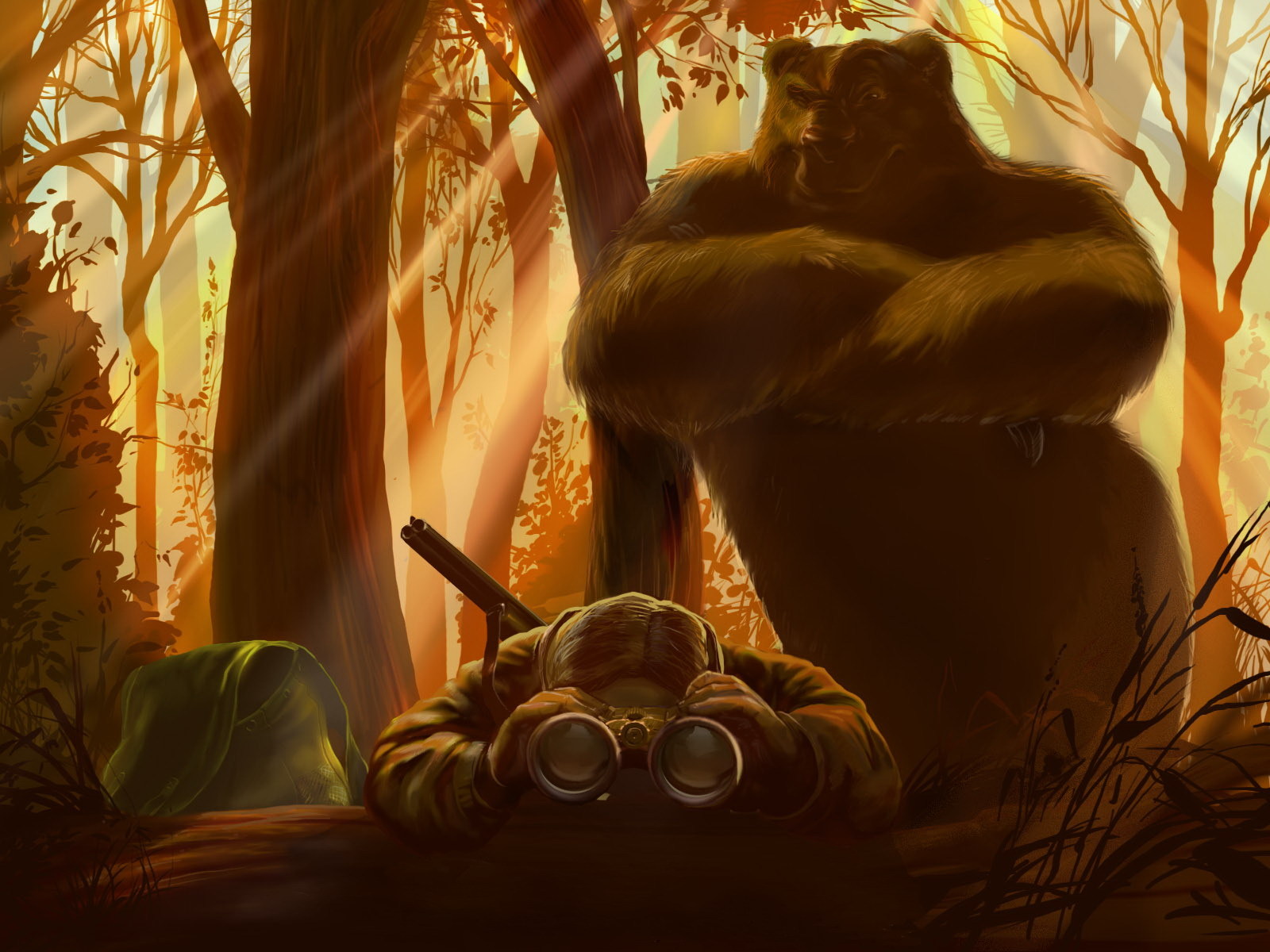 3d обои Охотник внимательно смотрит в бинокль, не замечая, что у него за спиной стоит огромный ухмыляющийся медведь  медведи # 53367