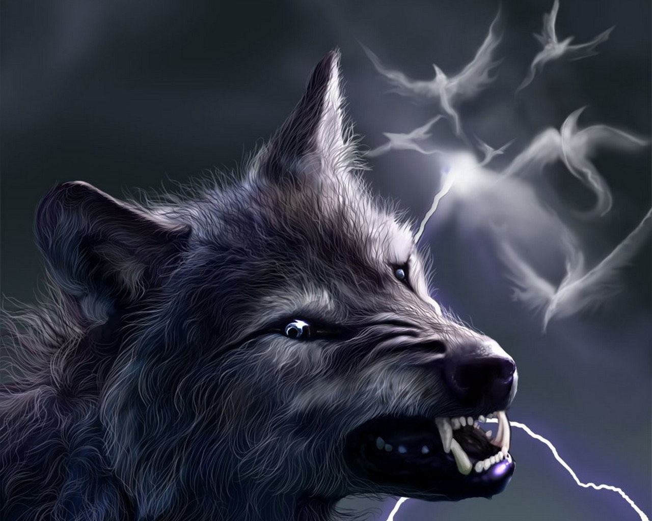 3d обои Сверкают молнии,  в небе призрачные силуэты птиц и злой оскал волка, превращающегося в оборотня  волки # 23574