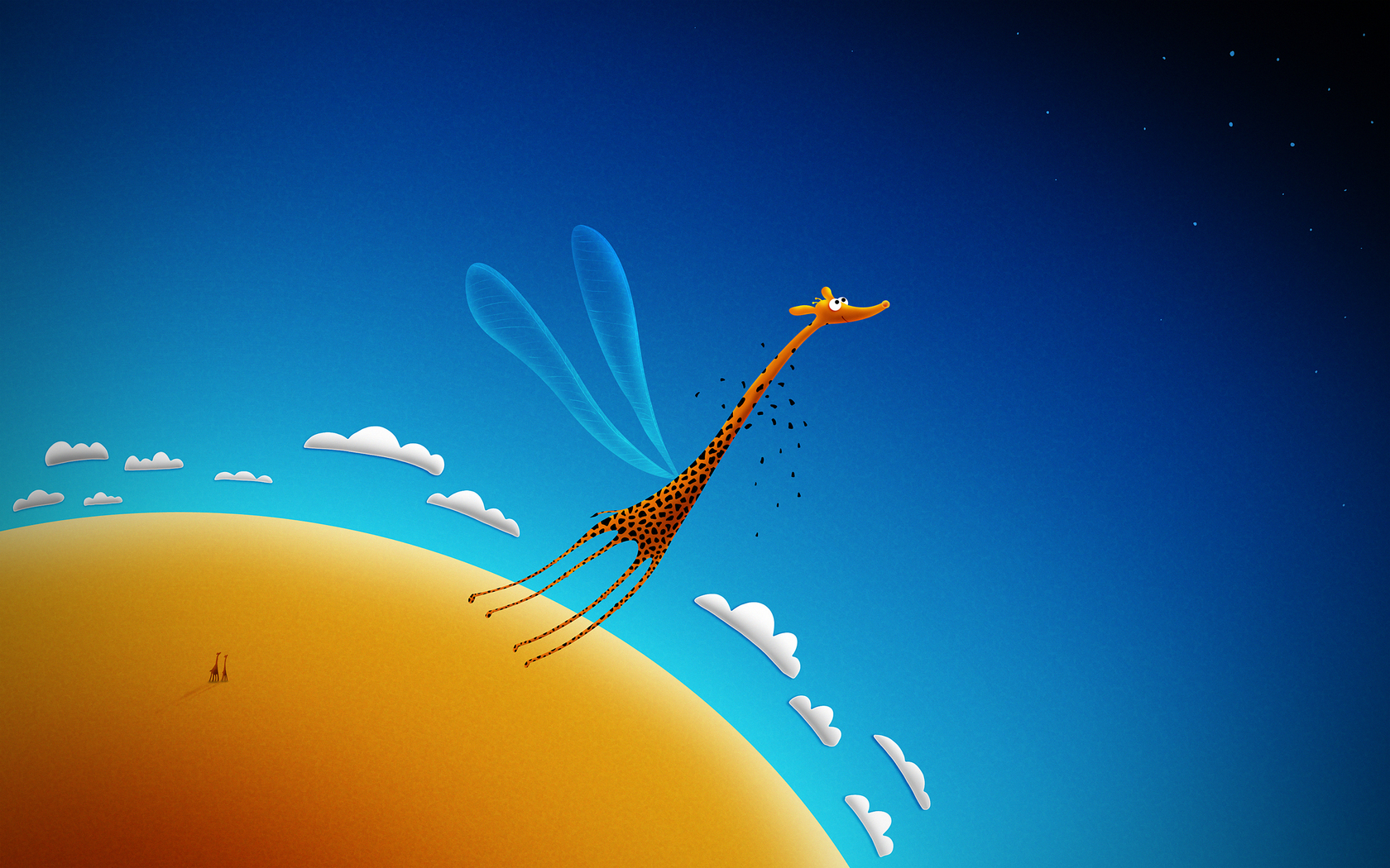 3d обои Жираф, взмахнув крылышками, как бабочка, действительно взлетел, ему вслед с далёкой земли смотрят его сотоварищи  смешные # 80278