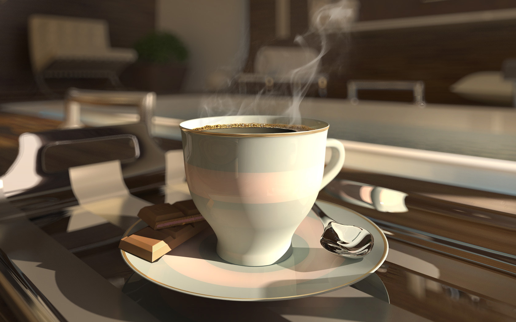 3d обои Утренняя чашка бодрящего кофе с шоколадом  дым # 36135