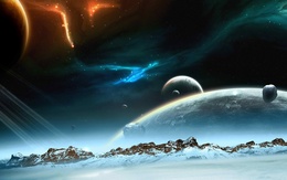 3d обои Со снежной планеты с горами видны все соседние планеты  космос