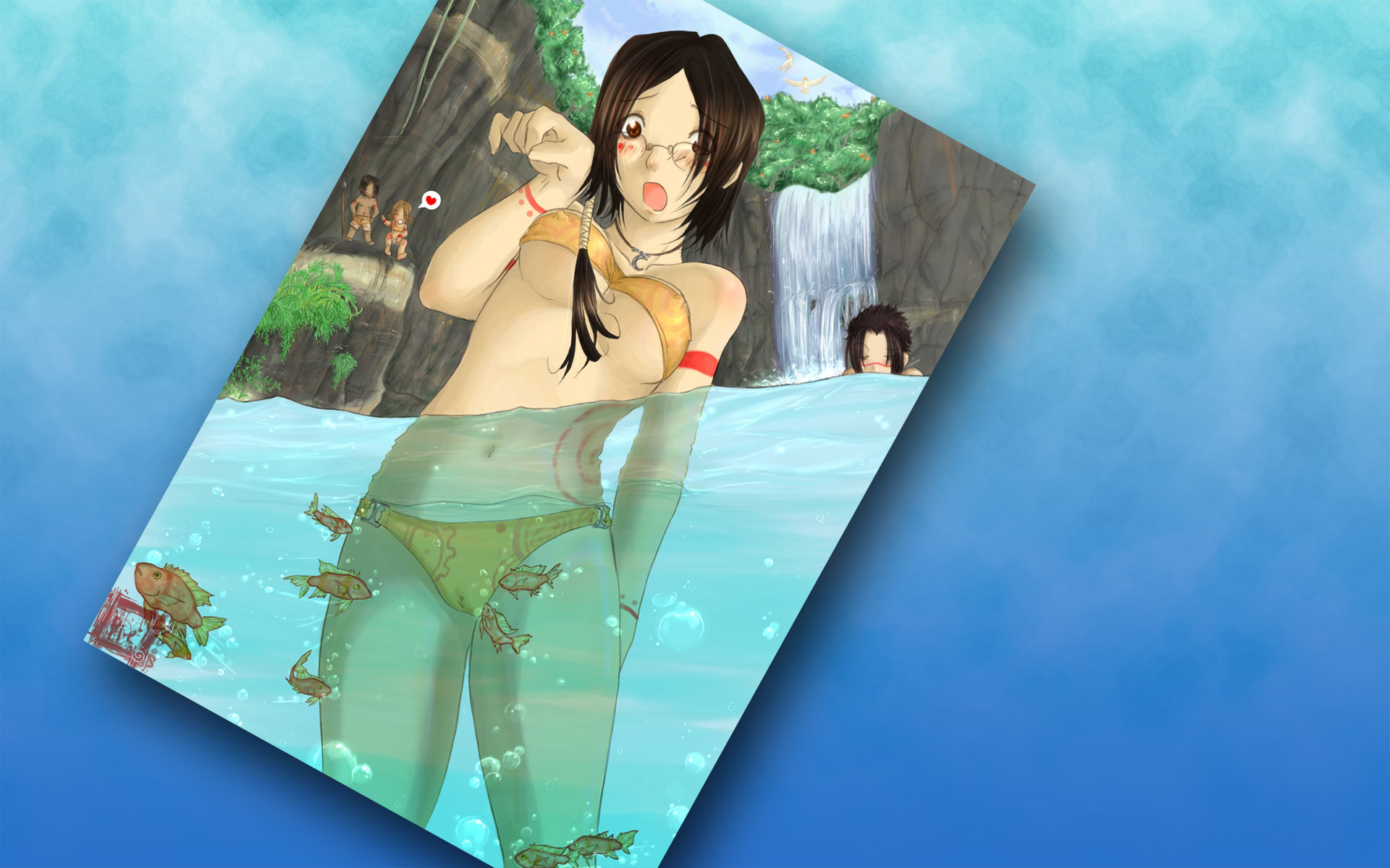 3d обои купание девушки в воде с рыбами, вокруг нее ее друзья, позади - водопад  эмо # 89699