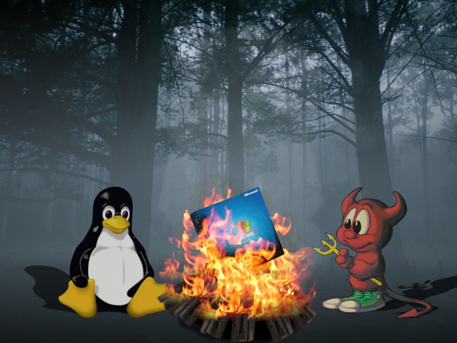 3d обои Пингвинёнок и чертёнок сжигают на костре пакет с  Windows Microsoft  бренд # 21122
