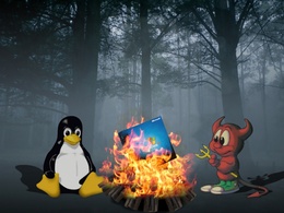 3d обои Пингвинёнок и чертёнок сжигают на костре пакет с  Windows Microsoft  ретушь