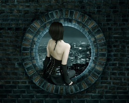 3d обои Сквозь круглое кирпичное окно девушка смотрит на огни города  ночь