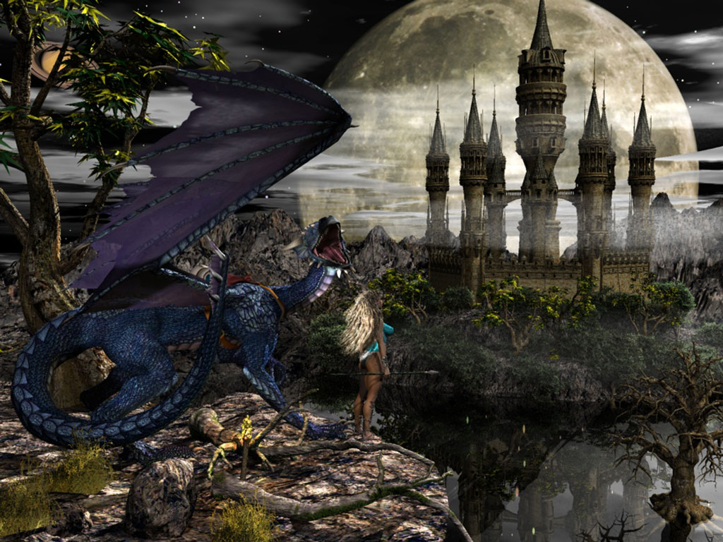 3d обои Девушка и дракон смотрят на башни замка  драконы # 35955