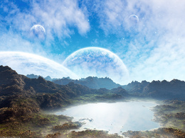 3d обои Пейзаж горного озера на фоне планет  фэнтези