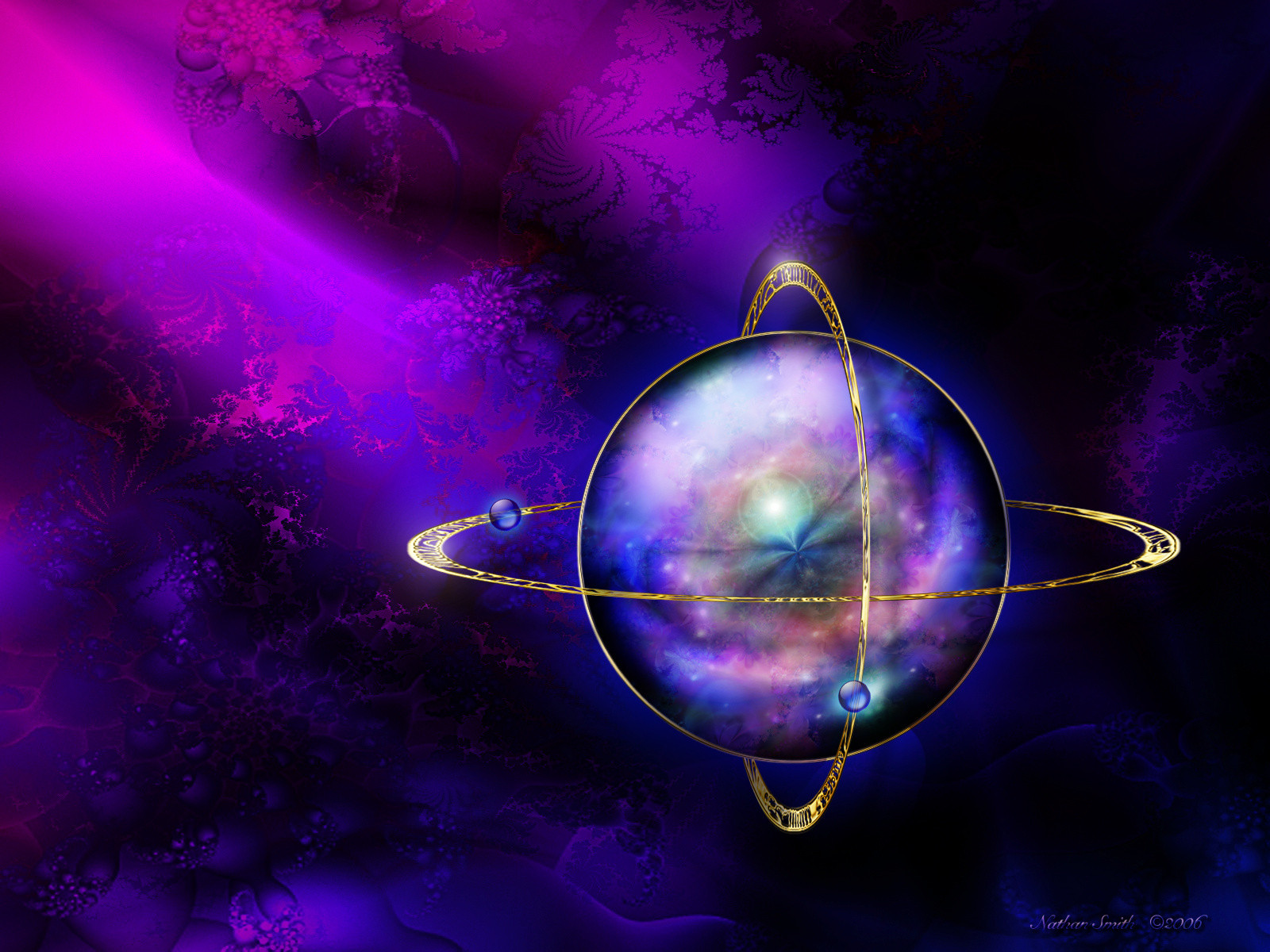 3d обои Абстракция : светящаяся планета с 2-мя спутниками на фоне фиолетового сияния  космос # 45379