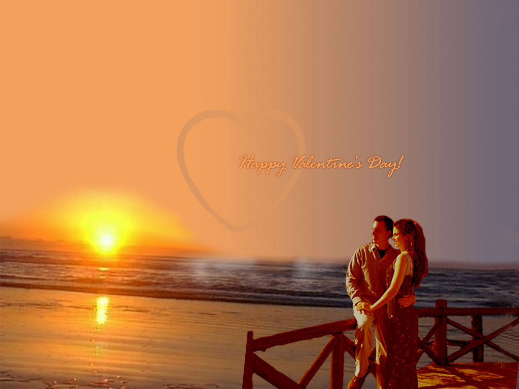3d обои К «Дню Святого Валентина» (Happy Valentines Day...) Влюблённая пара любуется закатом над морем...  1024х768 # 531