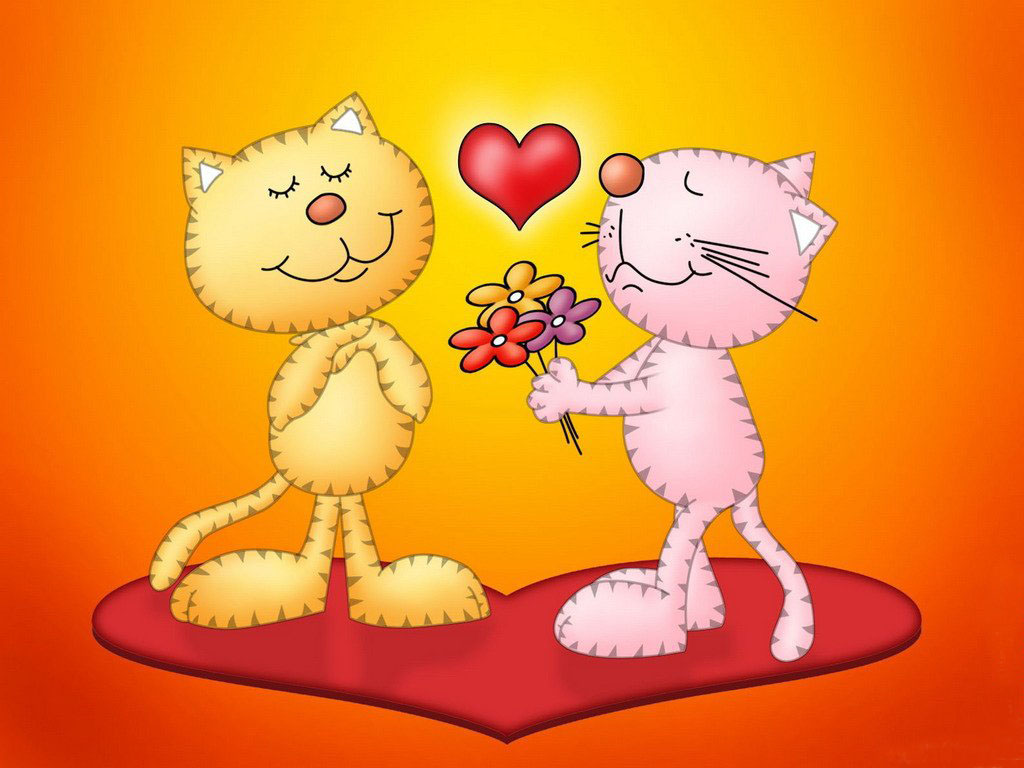 3d обои Кот признаётся кошке в любви и дарит цветы , стоя на площадке в виде сердца...  1024х768 # 521