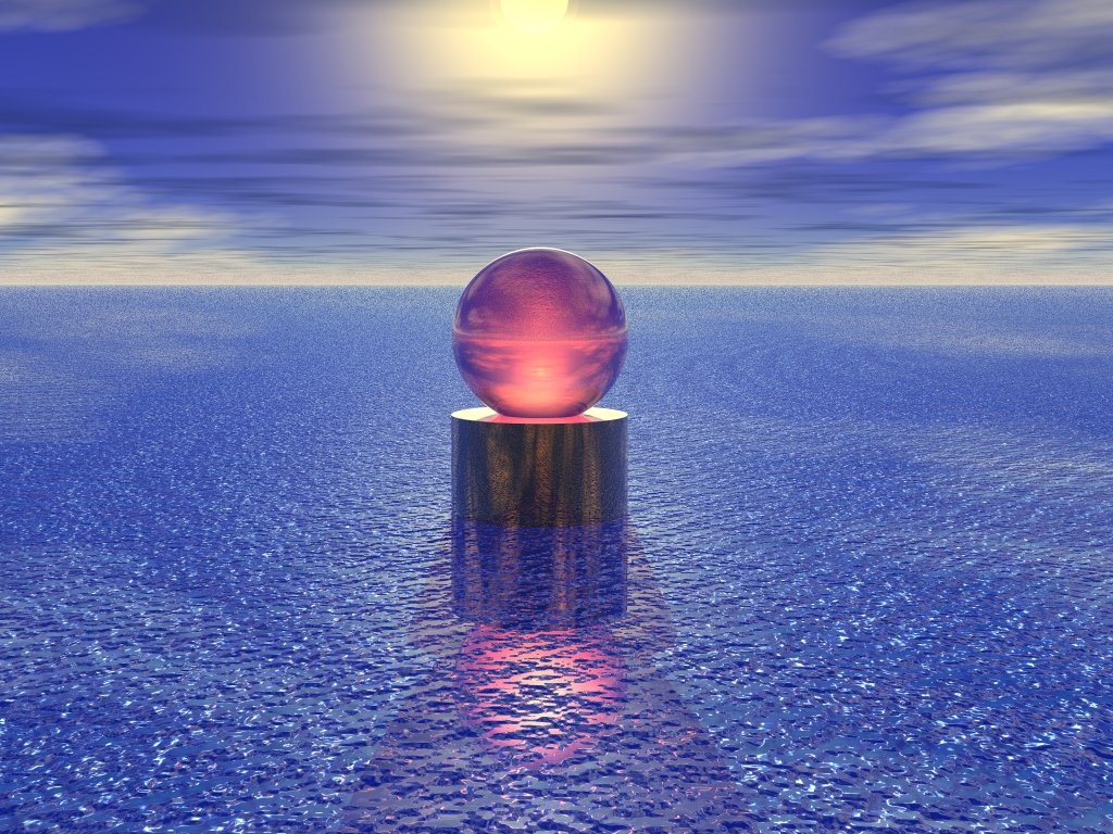 3d обои Стеклянный шар над морем на небольшом столбике  солнце # 81843