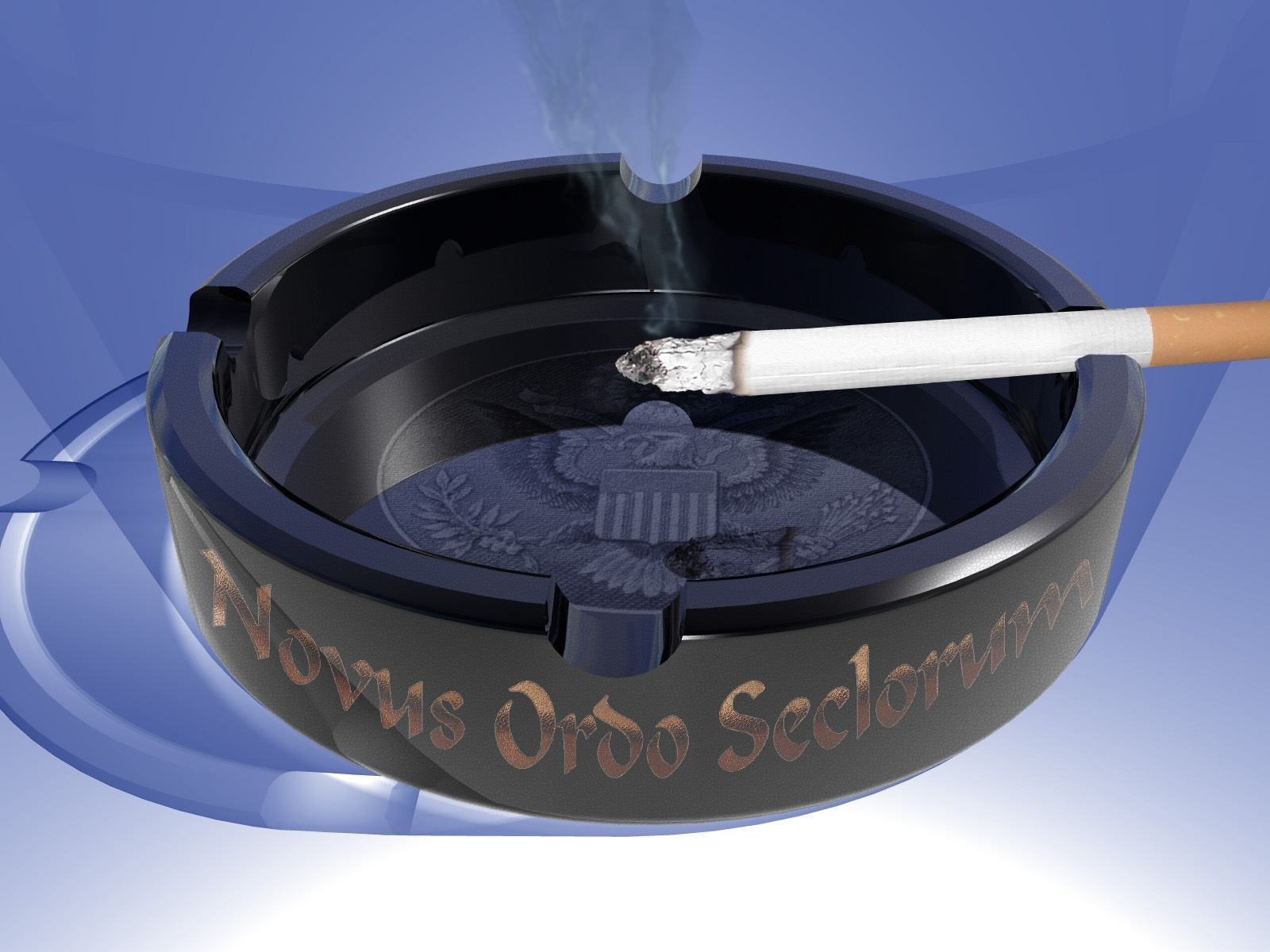 3d обои Дымящаяся сигарета в красивой пепельнице с надписью :Novus Ordo Seclorum и гербом на донышке  дым # 36142