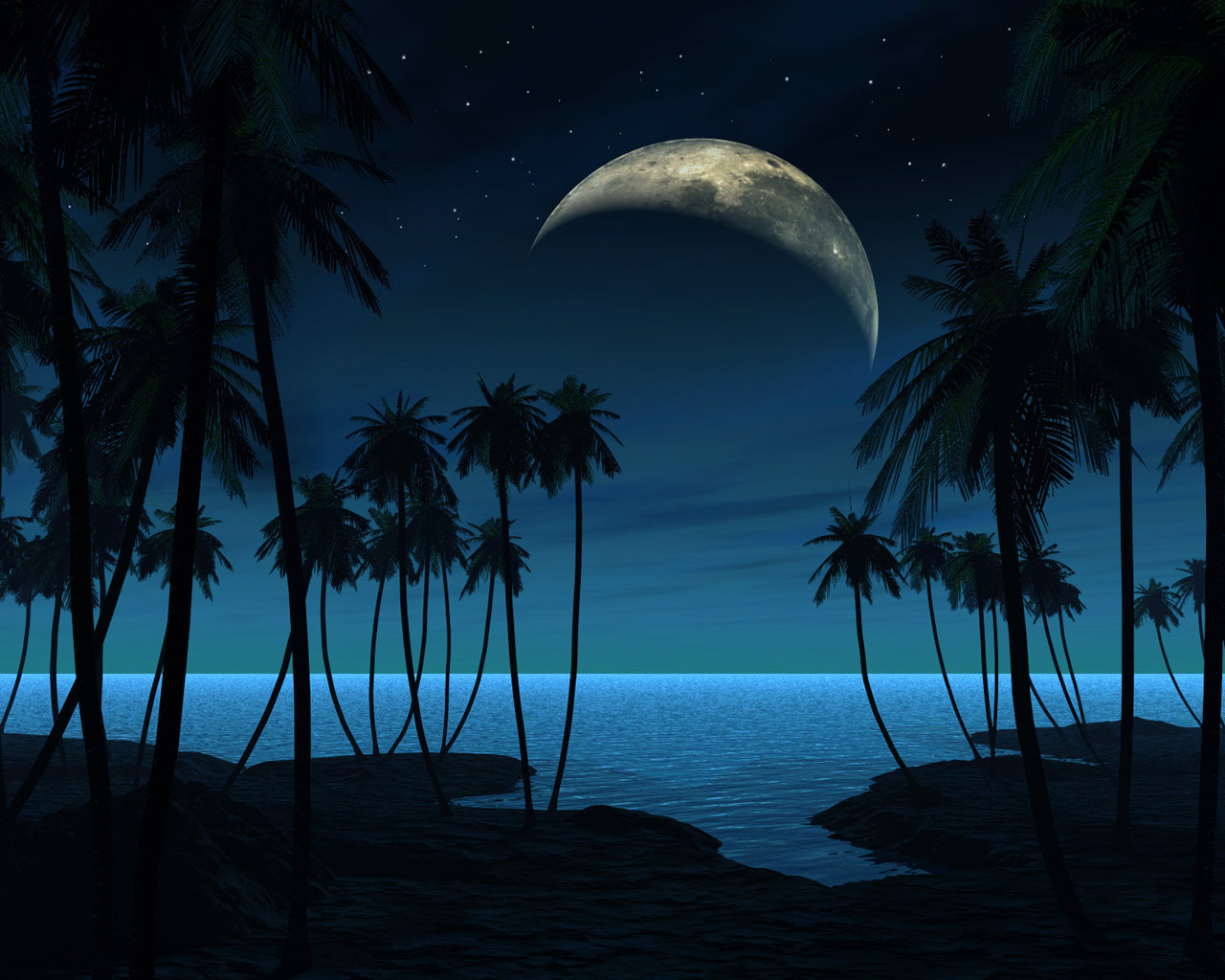 3d обои Тихая лунная ночь на морском берегу-луна,море,пальмы  сюрреализм # 82258