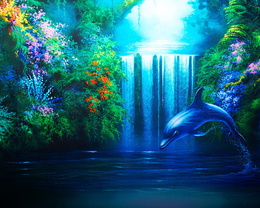 3d обои Дельфин плещется в воде на фоне красивого, небольшого водопада...  3d графика