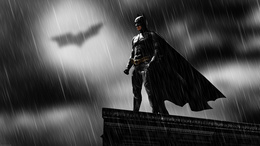 3d обои Бэтмен на крыше здания под ливнем готов бороться со злом  летучие мыши
