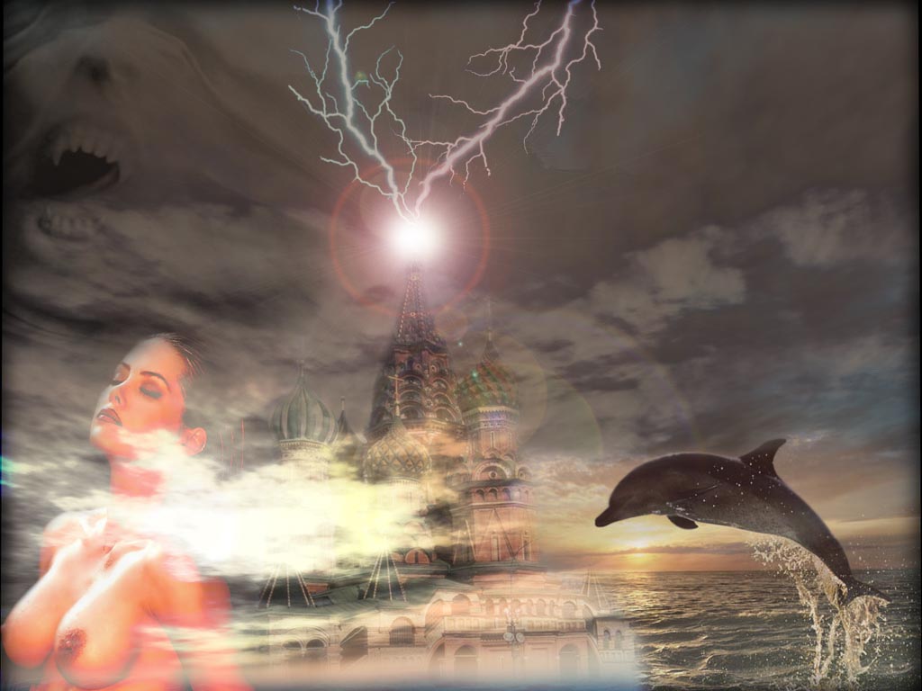 3d обои Дельфин в прыжке на фоне голой девушкии и дворца из купола которого извергаются молнии  рыбы # 79448