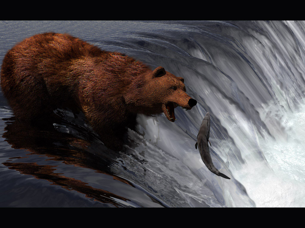 3d обои Медведь пытается поймать рыбу прямо на самом краю водопада  рыбы # 79447