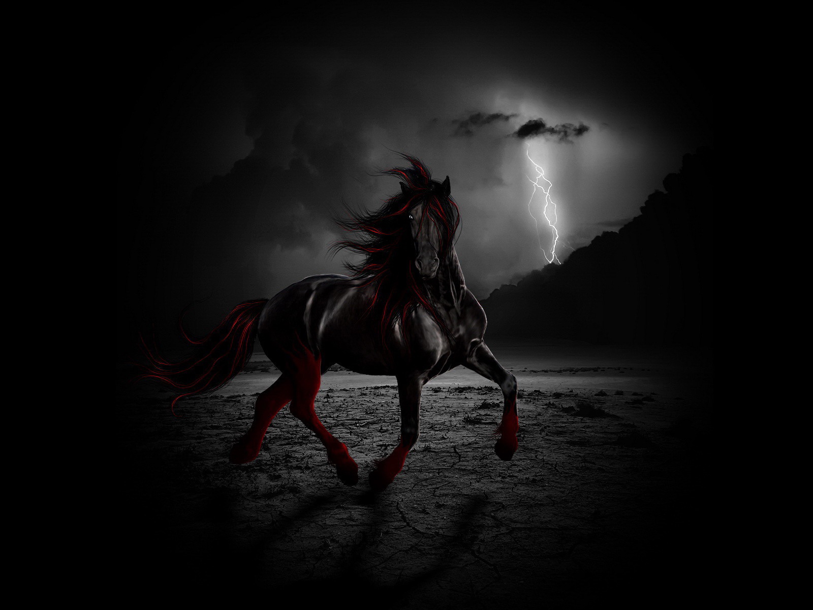 3d обои черно-красный конь во время грозы  лошади # 51321
