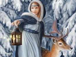 3d обои Девушка с оленёнком и фонариком в руке идёт по зимнему лесу..  1024х768