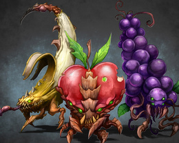 3d обои Банан, яблоко и виноград превратились в злых зомби  фэнтези
