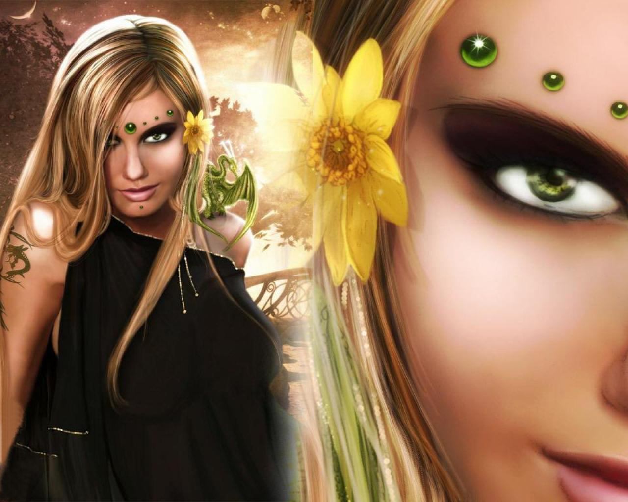 3d обои Красивая девушка с зелёными глазами и драконом на плече...  драконы # 35949