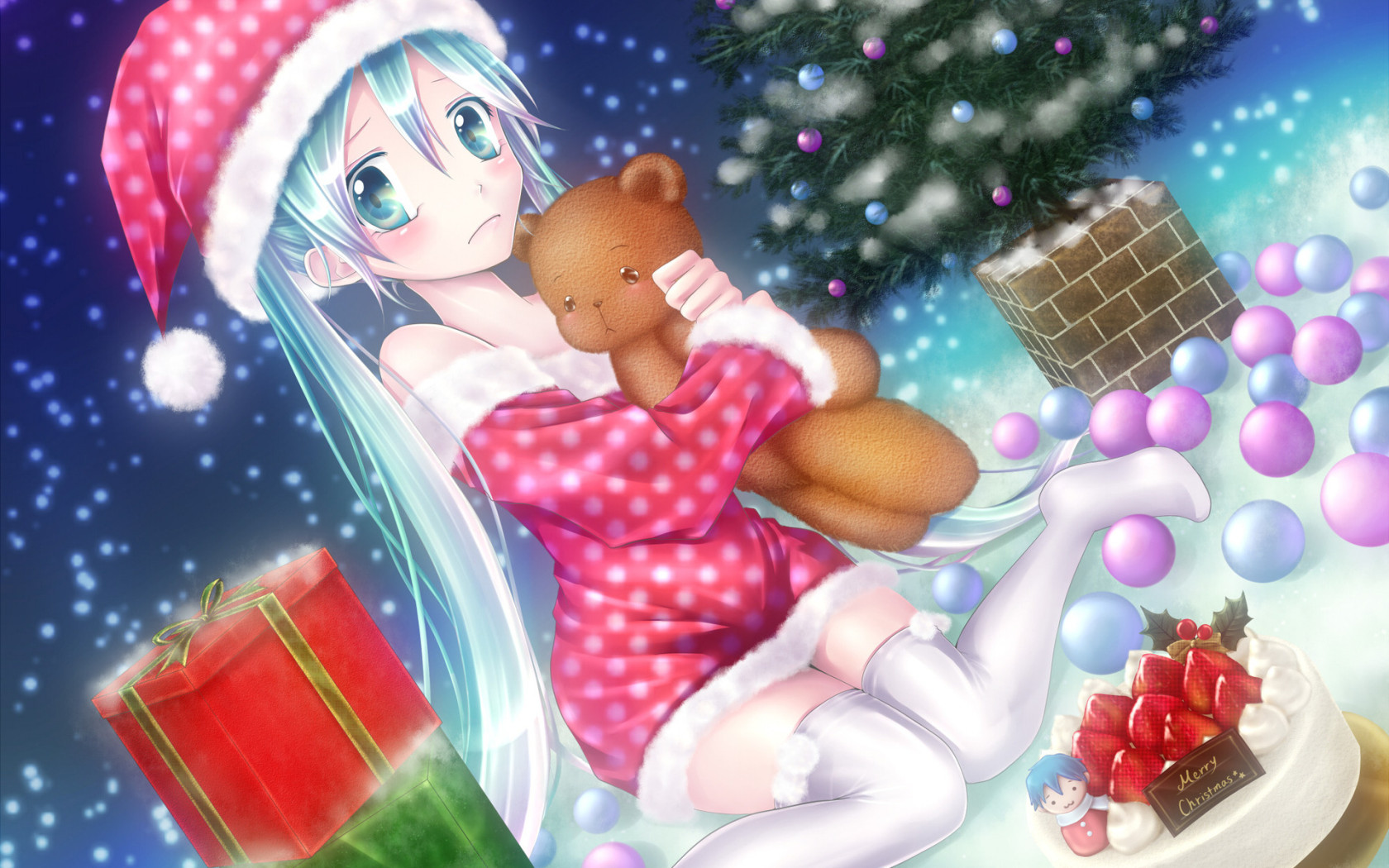 3d обои Новый Год. Вокалоид Мику Хатсуне с медвежонком (Merry Christmas)  игрушки # 41441