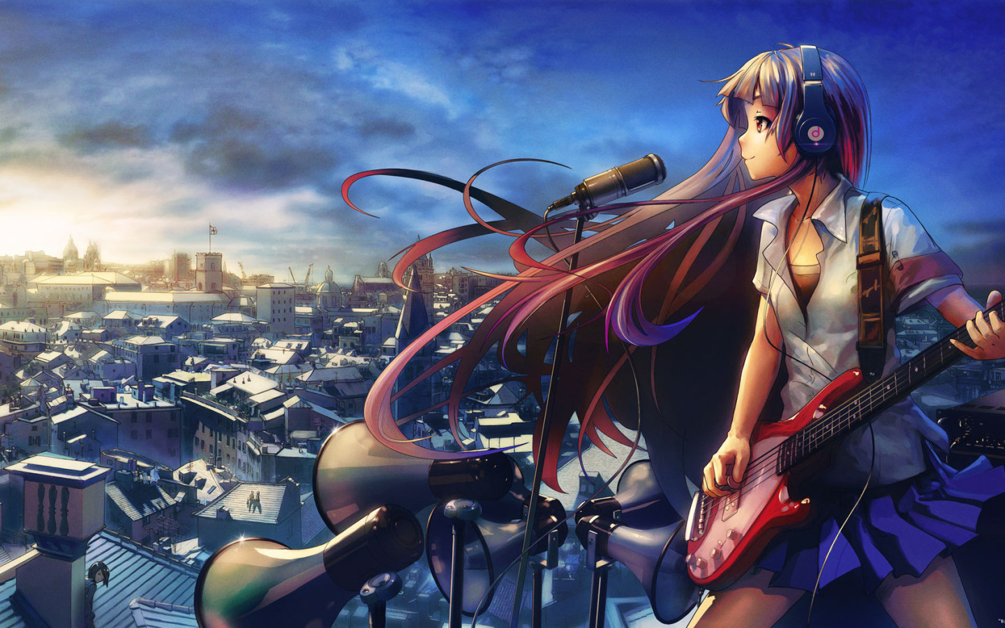 3d обои Девушка поёт и играет на гитаре на крыше здания  техника # 83059