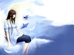 3d обои Девушка-ангел сидит на облаке, около неё летают птички  птицы