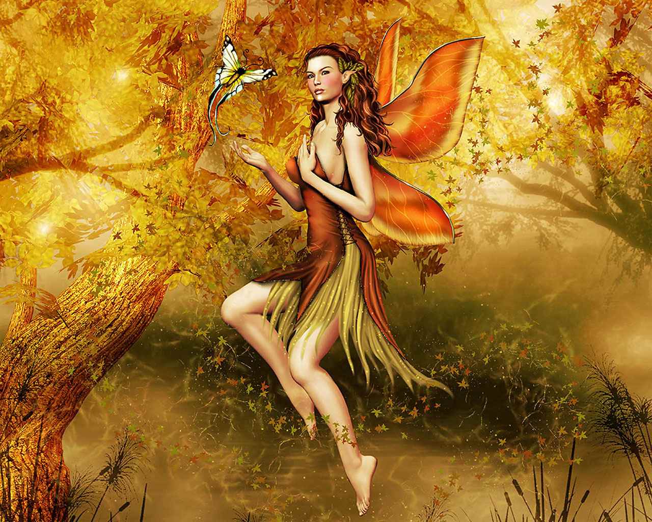3d обои Осенняя фея... с бабочкой  листья # 51011