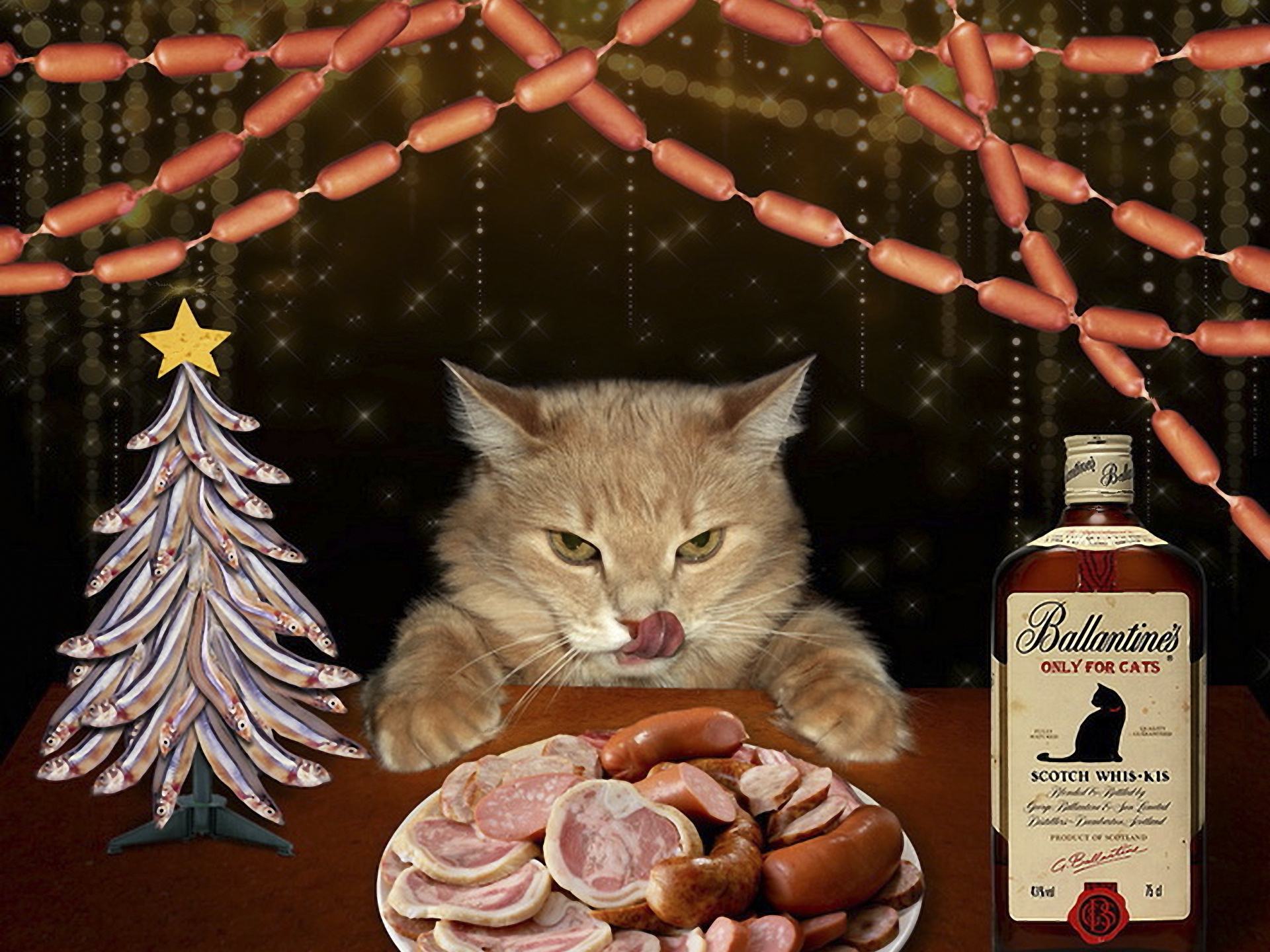 3d обои Кошачий новый год, тарелка с копченостями и сосисками, елка из рыбёшек, сосисочная гирлянда и кошачий скотч вис-кис (Bаllantines only for cats scotch whis-kis)  1920х1440 # 14827