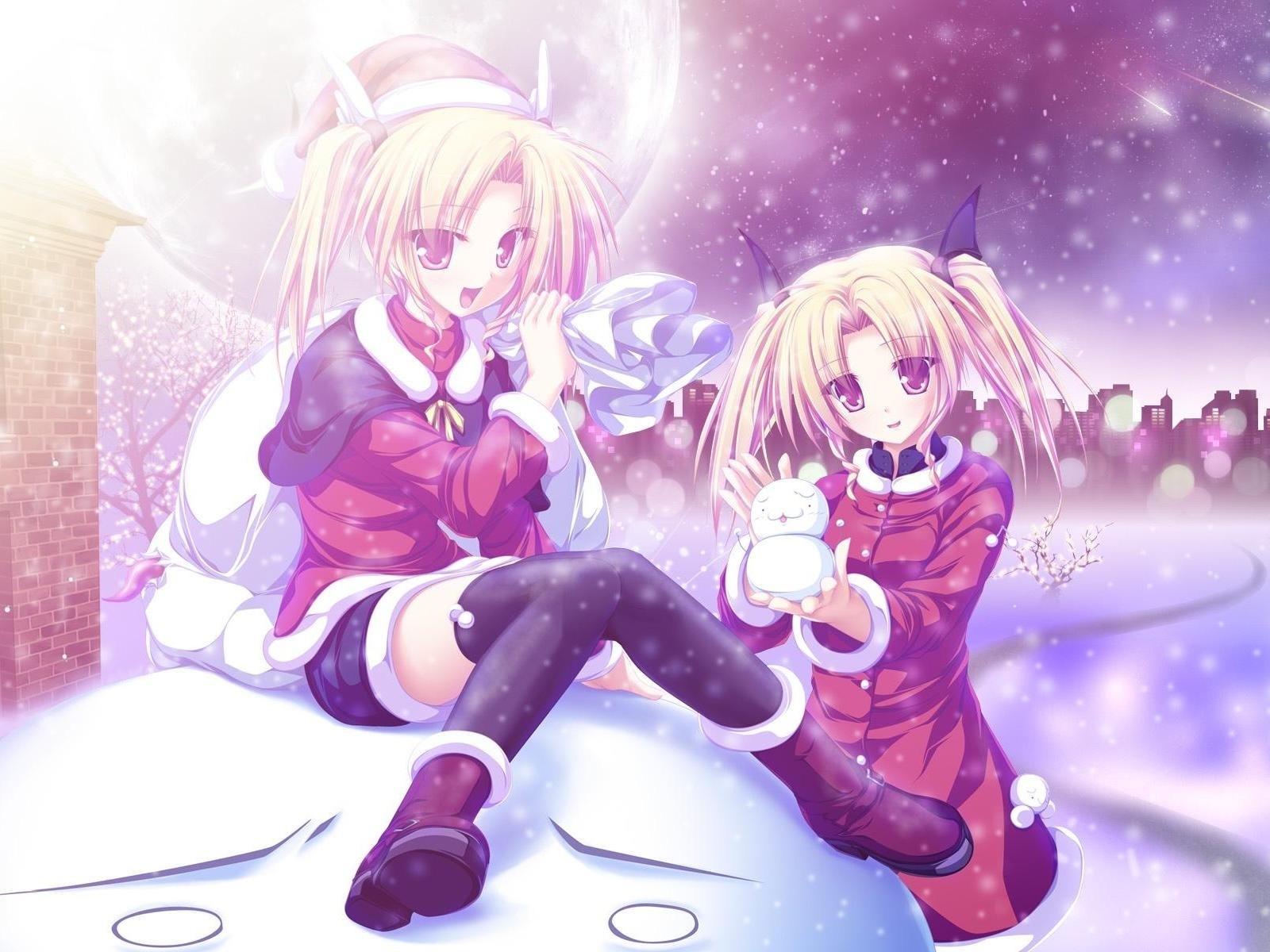 3d обои Девочки-близняшки в новогодних костюмах  зима # 40914