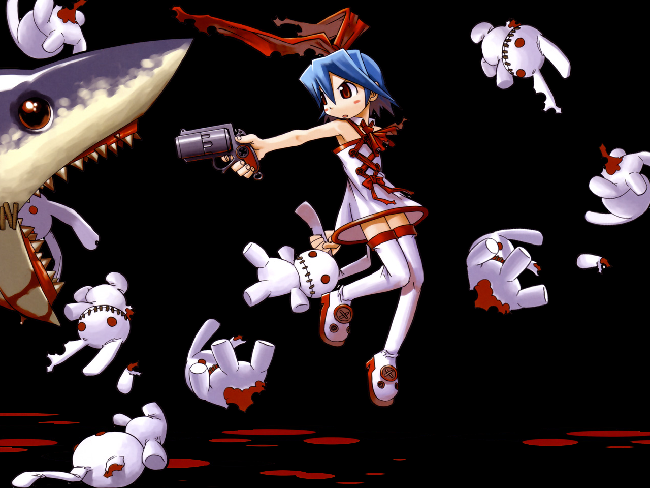 3d обои девушка с синими волосами и красным бантом целится из револьвера в акулу,которая жрёт её игрушечных зайчиков  игрушки # 41440