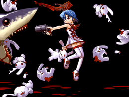 3d обои девушка с синими волосами и красным бантом целится из револьвера в акулу,которая жрёт её игрушечных зайчиков  игрушки