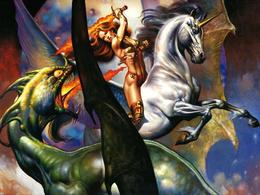 3d обои Девушка верхом на крылатои единороге сражается с огнедышащим драконом  драконы