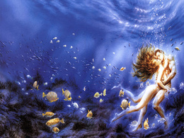 3d обои Пара влюблённых обменивается поцелуями, не обращая внимания на суетящихся рядом рыбёшек  подводные