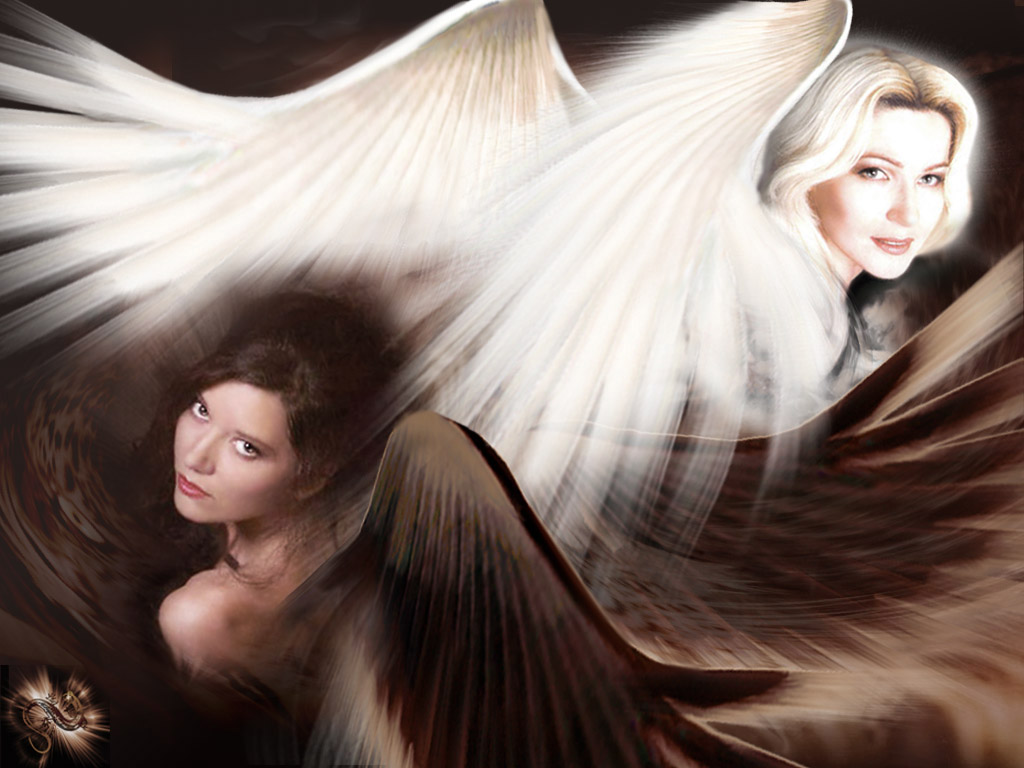 3d обои Две подруги , белый и чёрный ангелы...  ангелы # 19434
